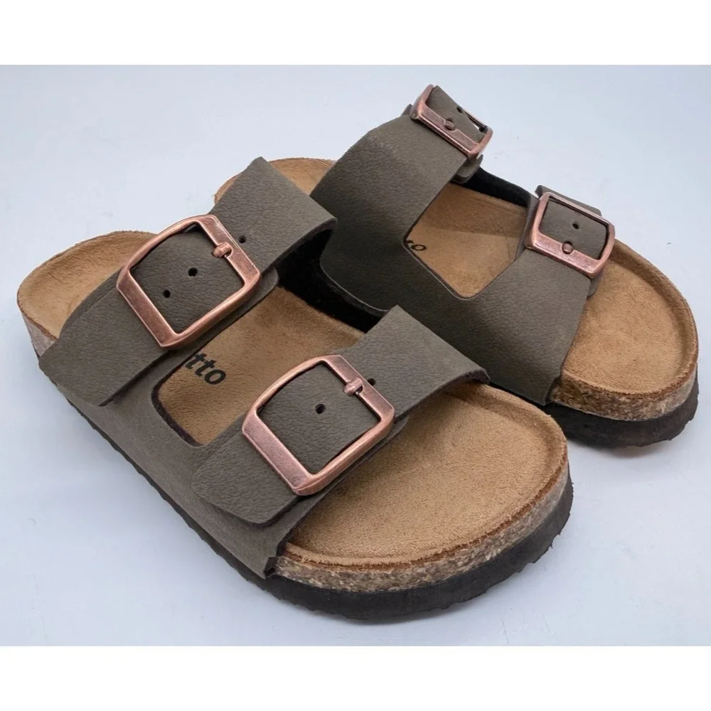 Torotto Double Strap Slide Sandals Brown Cork Copper Buckles | Toddler 25